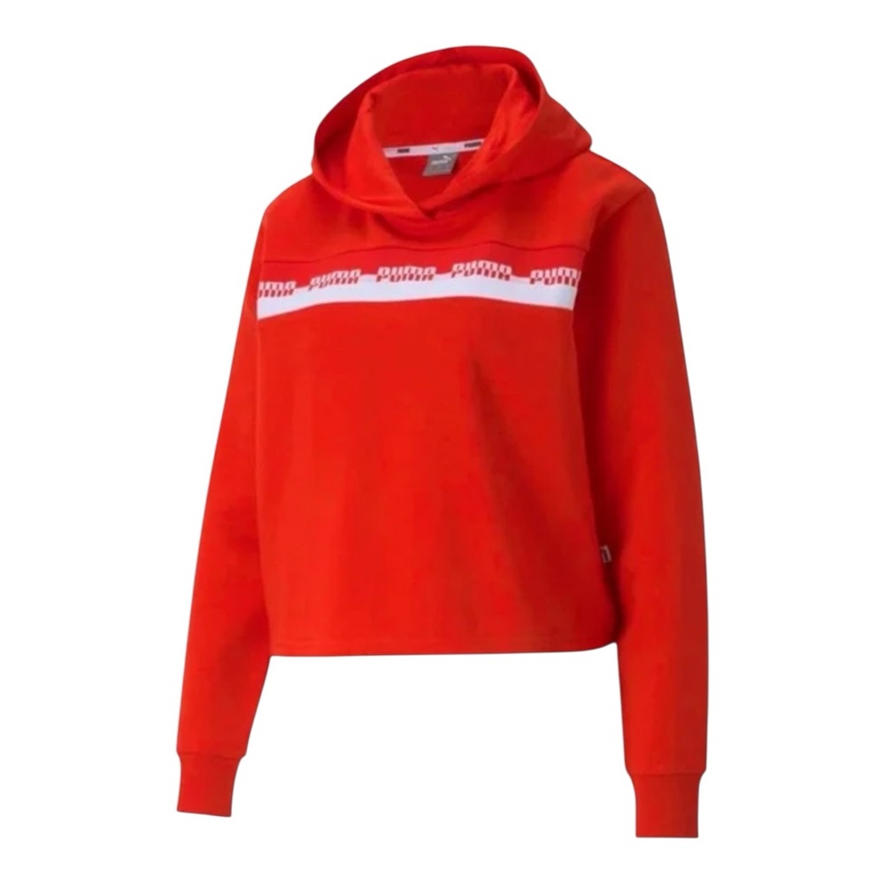 NWT $50 - Puma Sporty Cropped Pullover Hoodie Sz. Small Poppy Red & White Stripe